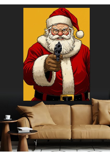 Silahlı Noel Baba Dekoratif Kanvas - Mdf Ahşap Tablo
