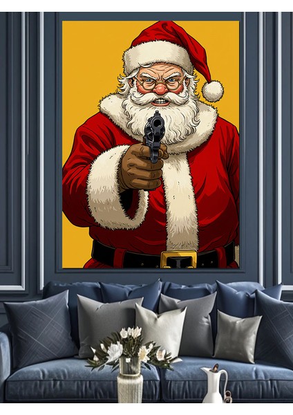 Silahlı Noel Baba Dekoratif Kanvas - Mdf Ahşap Tablo