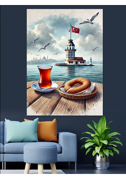 Kız Kulesi ve Çay Bardağı Dekoratif Kanvas - Mdf Ahşap Tablo