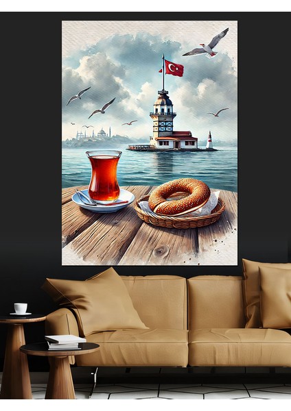 Kız Kulesi ve Çay Bardağı Dekoratif Kanvas - Mdf Ahşap Tablo