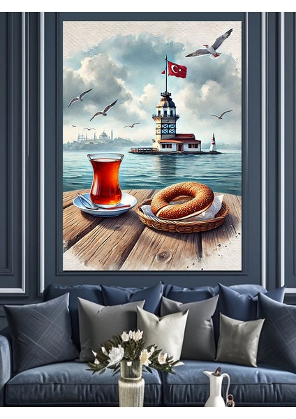Kız Kulesi ve Çay Bardağı Dekoratif Kanvas - Mdf Ahşap Tablo