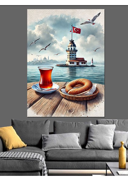 Kız Kulesi ve Çay Bardağı Dekoratif Kanvas - Mdf Ahşap Tablo