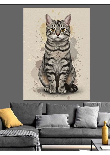 Sevimli Kedi Çizimi Dekoratif Kanvas - Mdf Ahşap Tablo