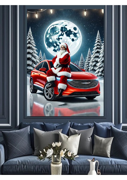 Araba Üzerinde Noel Baba Dekoratif Kanvas - Mdf Ahşap Tablo