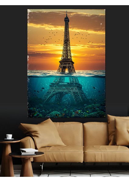 Su Altında Eiffel Kulesi Dekoratif Kanvas - Mdf Ahşap Tablo