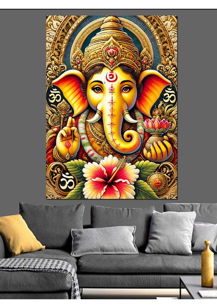 Tanrı Ganesha ve Lotus Çiçeği Dekoratif Kanvas - Mdf Ahşap Tablo