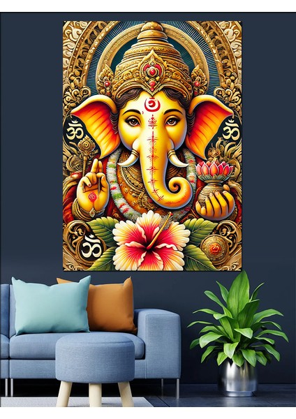 Tanrı Ganesha ve Lotus Çiçeği Dekoratif Kanvas - Mdf Ahşap Tablo