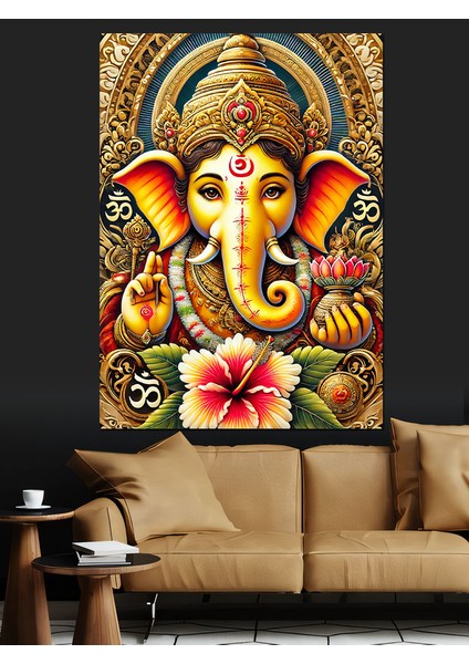 Tanrı Ganesha ve Lotus Çiçeği Dekoratif Kanvas - Mdf Ahşap Tablo