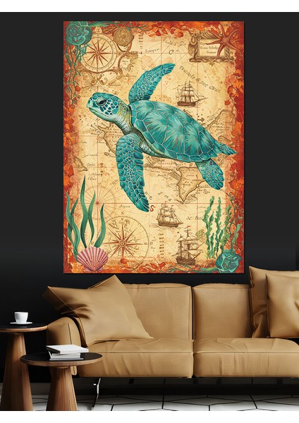 Deniz Kaplumbağası ve Harita Dekoratif Kanvas - Mdf Ahşap Tablo fiyatları