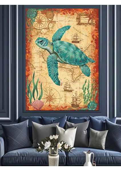 Deniz Kaplumbağası ve Harita Dekoratif Kanvas - Mdf Ahşap Tablo modelleri