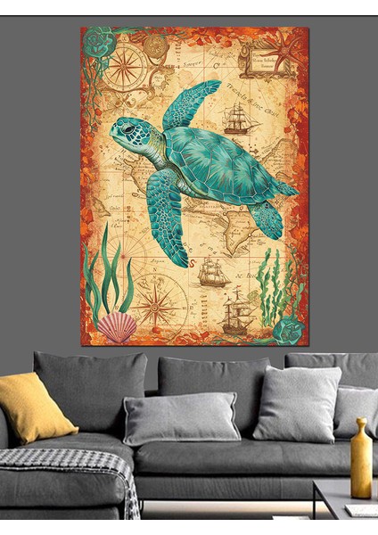Deniz Kaplumbağası ve Harita Dekoratif Kanvas - Mdf Ahşap Tablo fırsatları