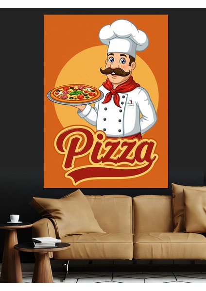 Şef ve Pizza Posteri Dekoratif Kanvas - Mdf Ahşap Tablo