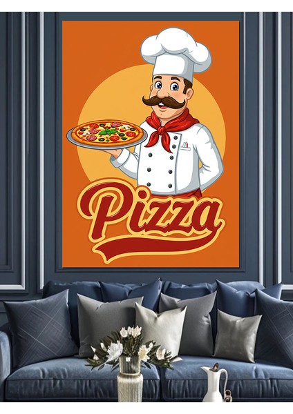Şef ve Pizza Posteri Dekoratif Kanvas - Mdf Ahşap Tablo