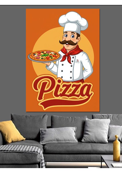 Şef ve Pizza Posteri Dekoratif Kanvas - Mdf Ahşap Tablo