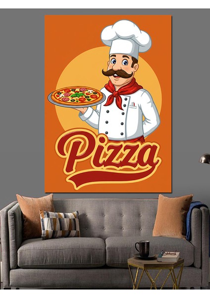 Şef ve Pizza Posteri Dekoratif Kanvas - Mdf Ahşap Tablo