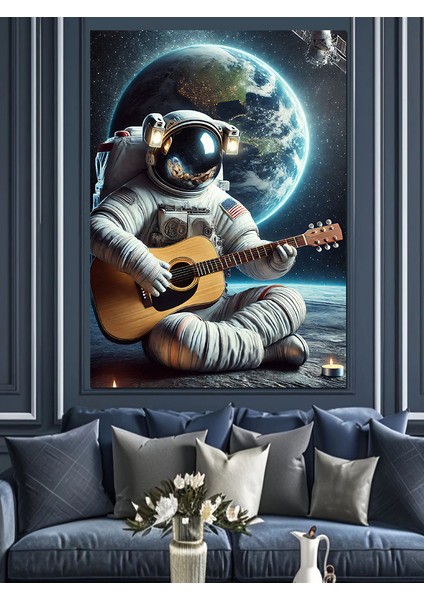 Ayda Gitar Çalan Astronot Dekoratif Kanvas - Mdf Ahşap Tablo