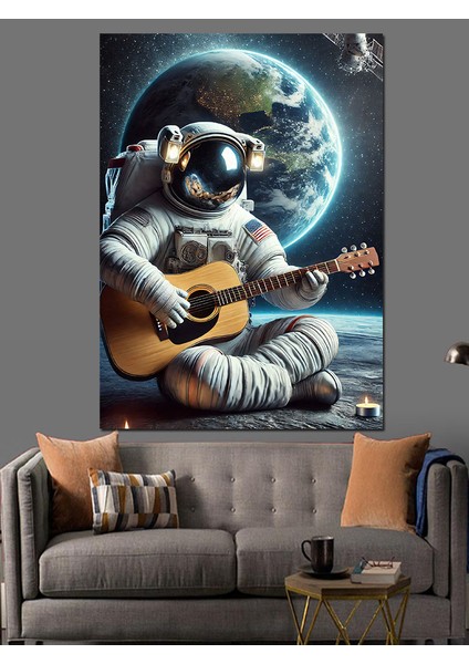 Ayda Gitar Çalan Astronot Dekoratif Kanvas - Mdf Ahşap Tablo