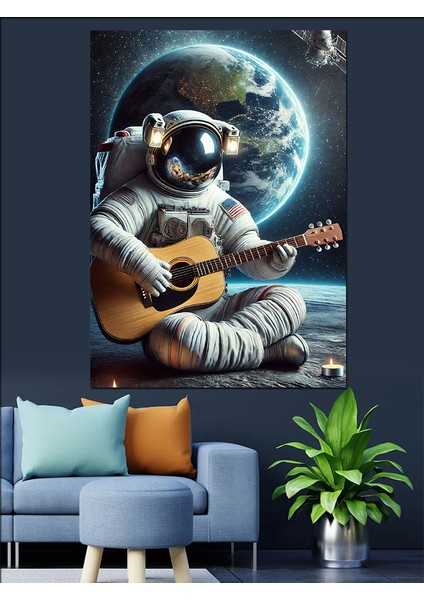 Ayda Gitar Çalan Astronot Dekoratif Kanvas - Mdf Ahşap Tablo