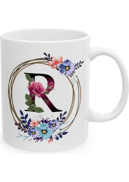 R Harf Baskılı Hediyelik Baskılı Porselen Beyaz Lüks Kupa Bardak