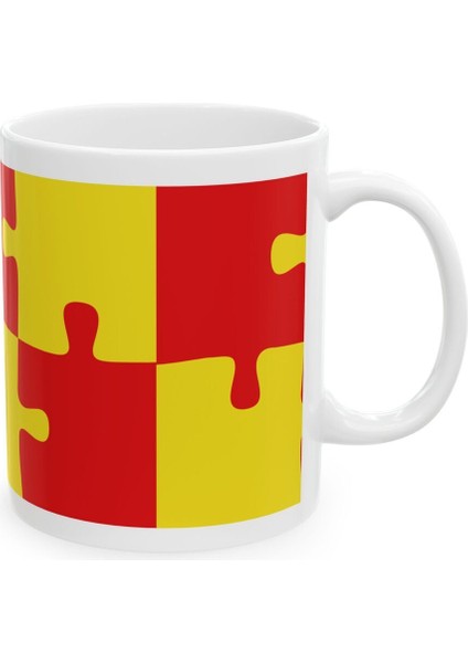 Sarı Kırmızı Puzzle Desenli Hediyelik Baskılı Porselen Beyaz Lüks Kupa Bardak