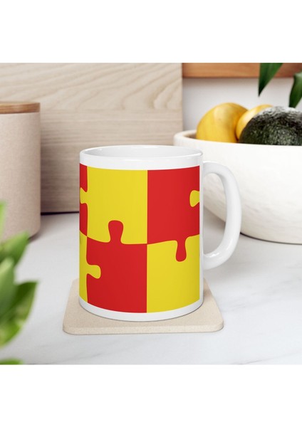Sarı Kırmızı Puzzle Desenli Hediyelik Baskılı Porselen Beyaz Lüks Kupa Bardak modelleri