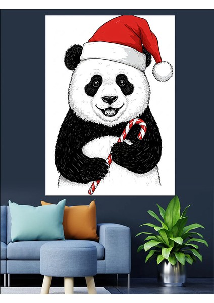 Noel Baba Şapkalı Panda Dekoratif Kanvas - Mdf Ahşap Tablo