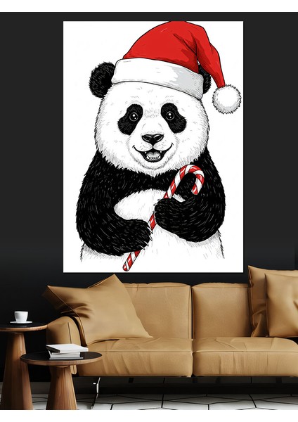 Noel Baba Şapkalı Panda Dekoratif Kanvas - Mdf Ahşap Tablo