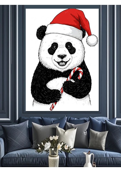 Noel Baba Şapkalı Panda Dekoratif Kanvas - Mdf Ahşap Tablo
