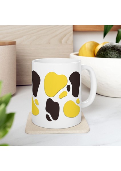 Sarı Siyah Damlalar Desenli Hediyelik Baskılı Porselen Beyaz Lüks Kupa Bardak modelleri