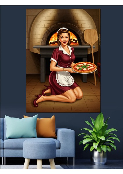 Pizza Yaparken Şef Kadın Dekoratif Kanvas - Mdf Ahşap Tablo