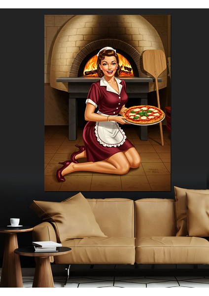 Pizza Yaparken Şef Kadın Dekoratif Kanvas - Mdf Ahşap Tablo