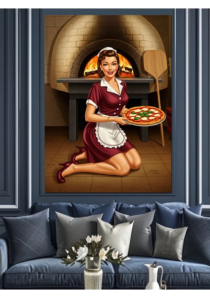 Pizza Yaparken Şef Kadın Dekoratif Kanvas - Mdf Ahşap Tablo