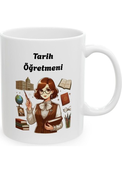 Kadın Tarih Öğretmeni Hediyelik Baskılı Porselen Beyaz Lüks Kupa Bardak