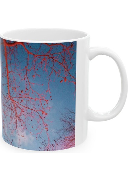 Sonbahar Kırmızı Mavi Tema Baskılı Porselen Beyaz Lüks Kupa Bardak 1 Adet