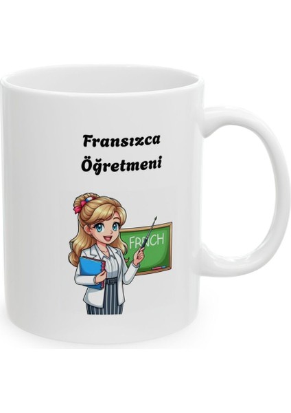 Kadın Fransızca Öğretmeni Hediyelik Baskılı Porselen Beyaz Lüks Kupa Bardak