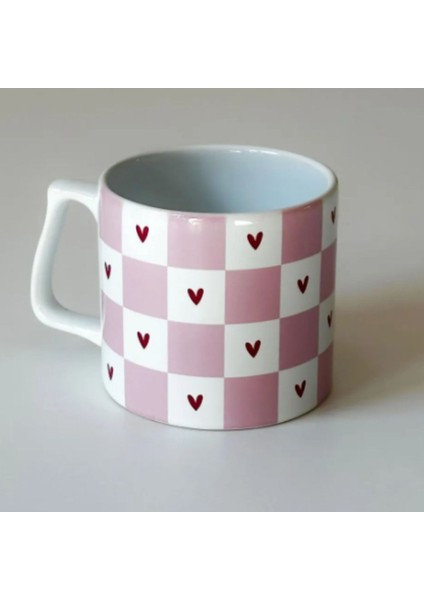 Dama Desenli Kalpli Kupa Bardak Seramik Kahve Mug
