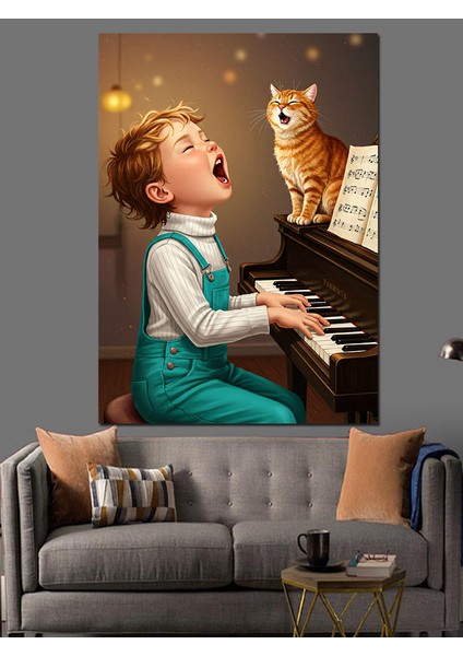 Piyano Çalan Çocuk ve Kedi Dekoratif Kanvas - Mdf Ahşap Tablo