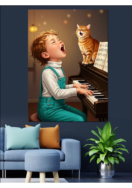 Piyano Çalan Çocuk ve Kedi Dekoratif Kanvas - Mdf Ahşap Tablo fiyatları