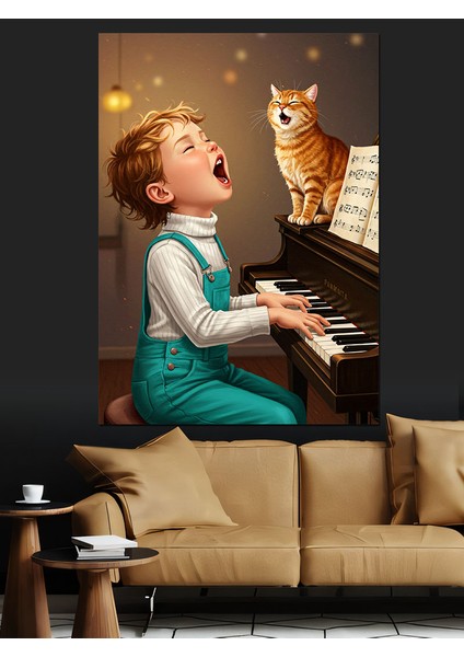 Piyano Çalan Çocuk ve Kedi Dekoratif Kanvas - Mdf Ahşap Tablo modelleri