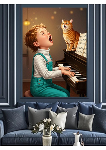 Piyano Çalan Çocuk ve Kedi Dekoratif Kanvas - Mdf Ahşap Tablo fırsatları
