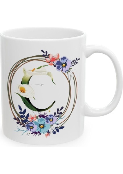 C Harf Baskılı Hediyelik Baskılı Porselen Beyaz Lüks Kupa Bardak