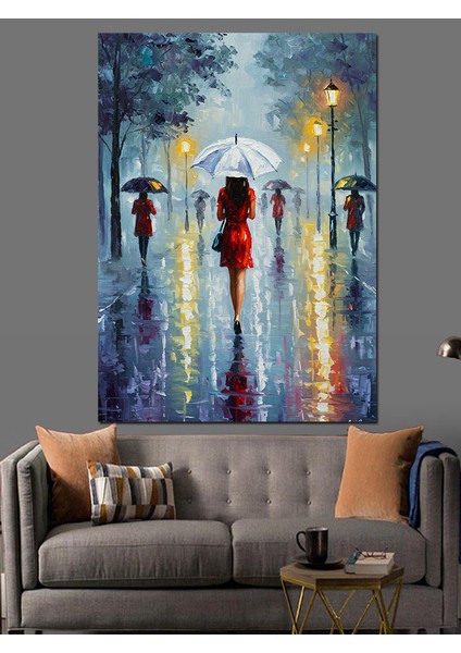 Yağmur Altında Yürüyen Insanlar Dekoratif Kanvas - Mdf Ahşap Tablo