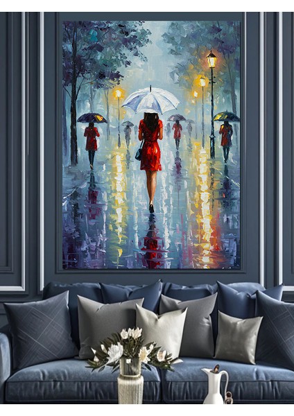 Yağmur Altında Yürüyen Insanlar Dekoratif Kanvas - Mdf Ahşap Tablo fırsatları