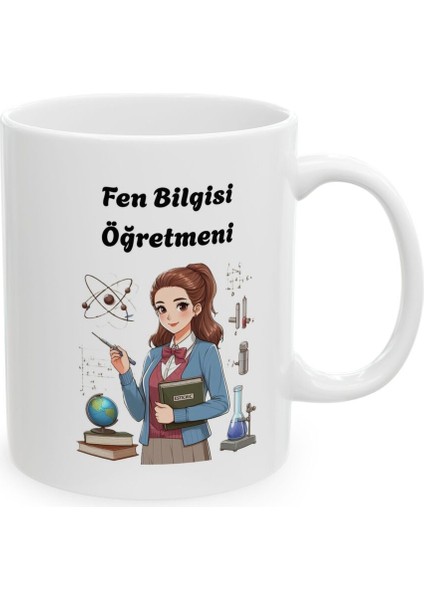 Kadın Fen Bilgisi Öğretmeni Hediyelik Baskılı Porselen Beyaz Lüks Kupa Bardak