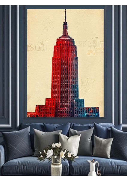 Empire State Binası ve Vintage Tasarım Dekoratif Kanvas - Mdf Ahşap Tablo