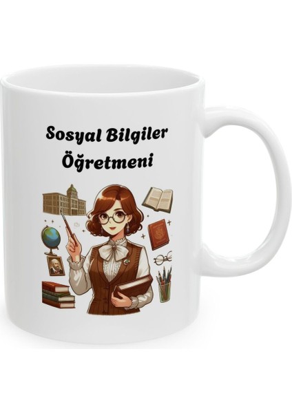 Kadın Sosyal Bilgiler Öğretmeni Hediyelik Baskılı Porselen Beyaz Lüks Kupa Bardak