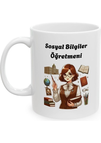 Kadın Sosyal Bilgiler Öğretmeni Hediyelik Baskılı Porselen Beyaz Lüks Kupa Bardak fiyatları