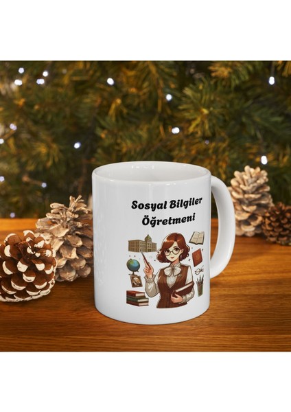 Kadın Sosyal Bilgiler Öğretmeni Hediyelik Baskılı Porselen Beyaz Lüks Kupa Bardak modelleri