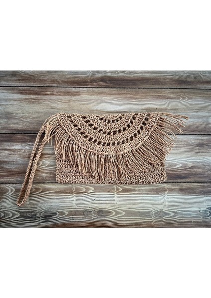 Krem Hasır Püsküllü , El Yapımı, Astarlı, Çıtçıtlı Kağıt Ip Clutch Çanta