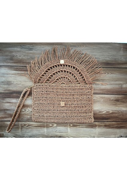 Krem Hasır Püsküllü , El Yapımı, Astarlı, Çıtçıtlı Kağıt Ip Clutch Çanta